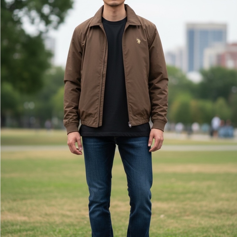 US POLO ASSN.  Men's Brown Bomber Style Jacket Full Zip Fleece Lining Size L